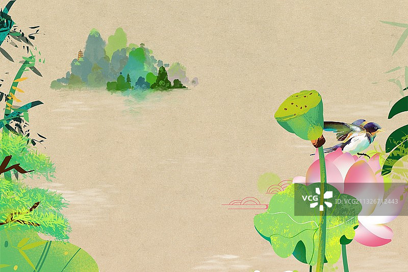 清新山水画水墨画青绿山水荷塘荷花莲花莲蓬荷叶海报壁纸背景图片素材