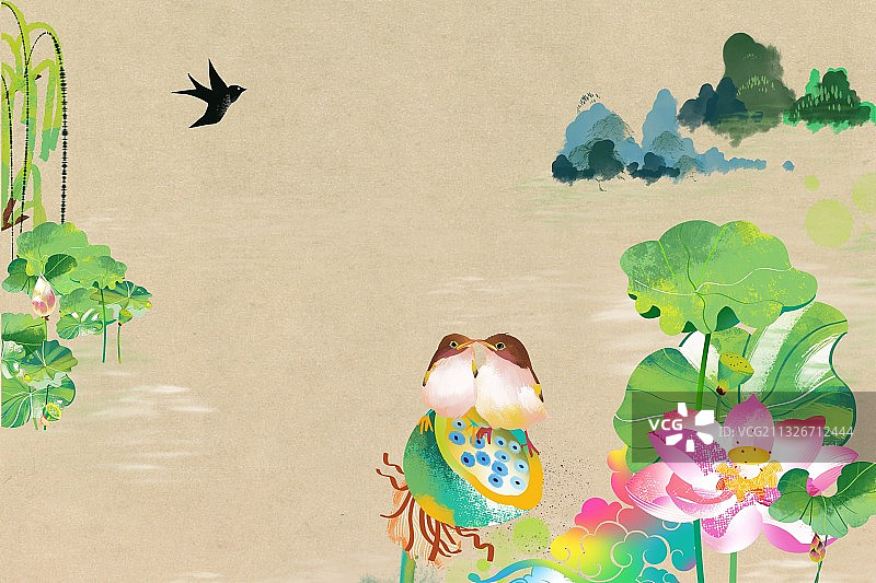 清新山水画水墨画青绿山水荷塘荷花莲花莲蓬荷叶海报壁纸背景图片素材