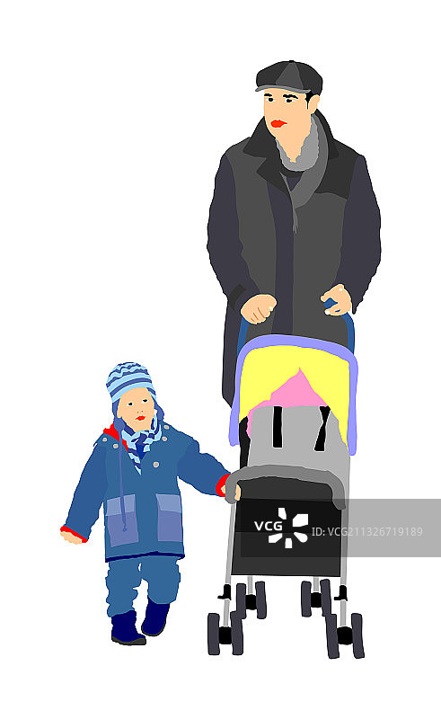 父亲和儿子在户外散步，带着婴儿车图片素材