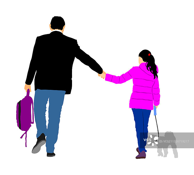 父亲和女儿及狗一起散步图片素材