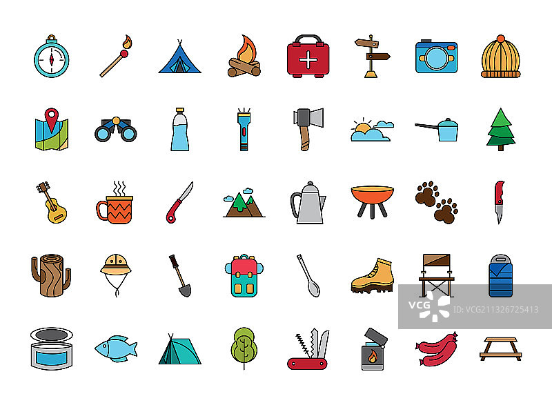 四十露营描边填充图标套装图片素材