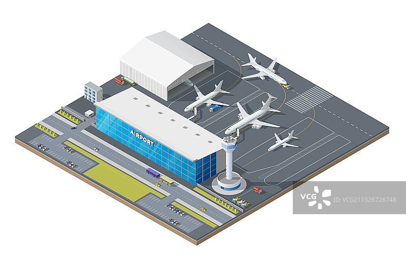 2.5D机场建筑与跑道上的飞机图片素材