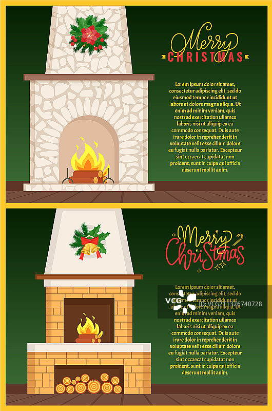 石头或砖砌壁炉圣诞明信片图片素材