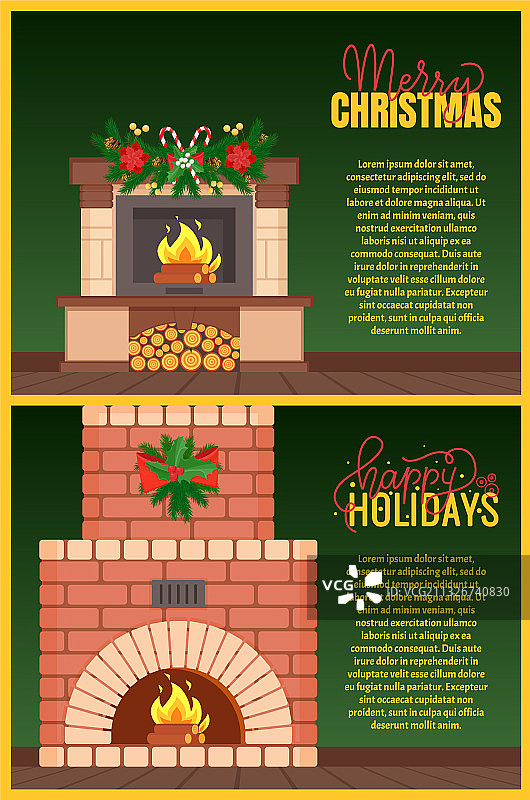 带有砖砌壁炉的圣诞节假日明信片图片素材