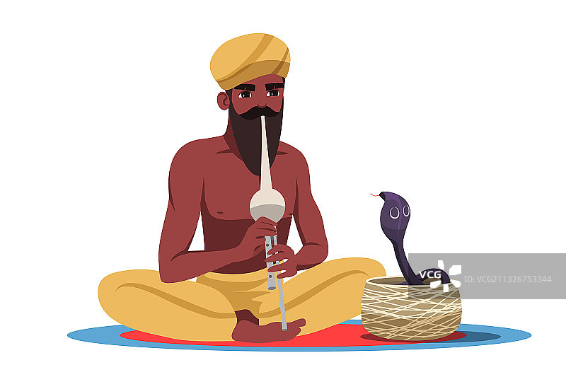 在白色背景下耍蛇的印度络腮胡男子图片素材