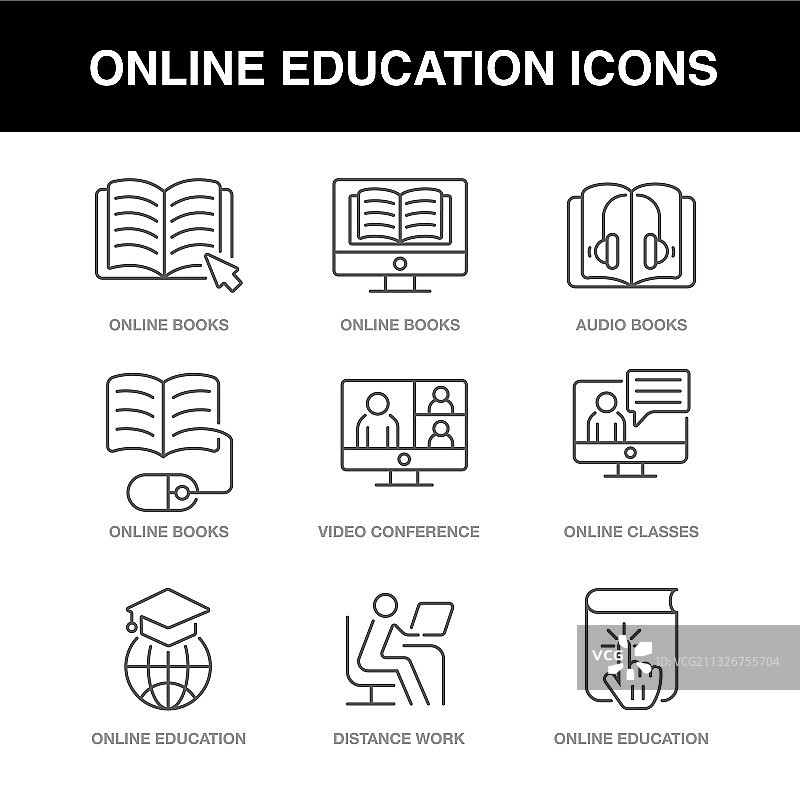 带可编辑描边的在线教育图标集图片素材