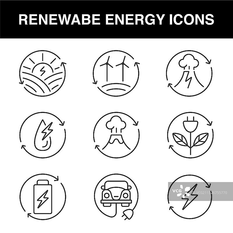一套可再生能源线条图标图片素材