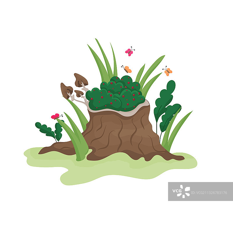 带有绿色植物和蝴蝶的树桩图片素材