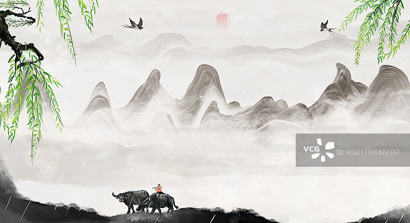 放牛娃新中式山水画图片素材