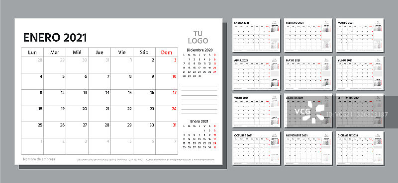 西班牙语2021年日历模板表图片素材