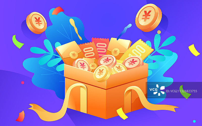 卡通礼盒金币红包优惠券矢量插画背景素材图片素材