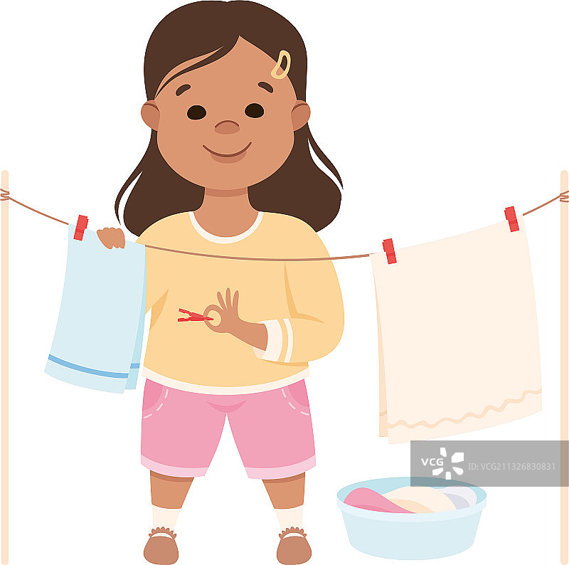 可爱女孩晾衣服，孩子帮忙图片素材