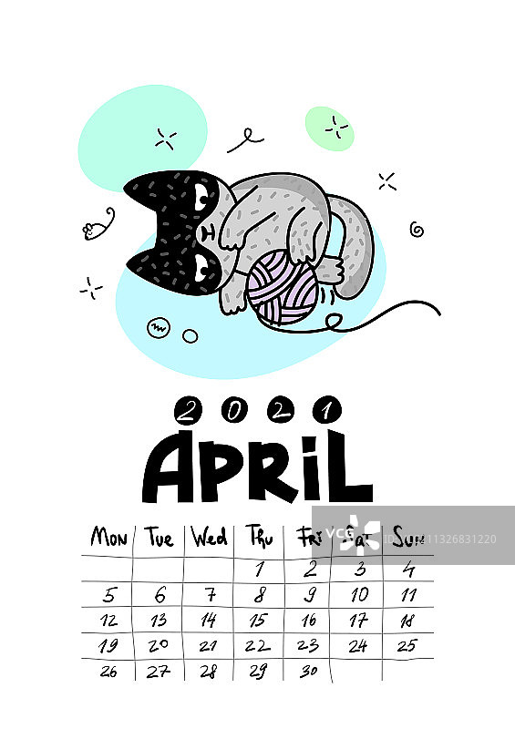 白色背景上的可爱猫咪日历页面图片素材