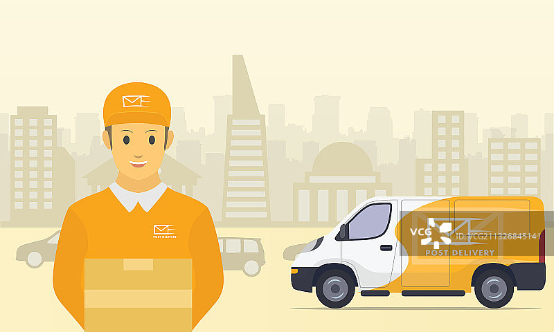 带卡车和城市背景的快递服务图片素材