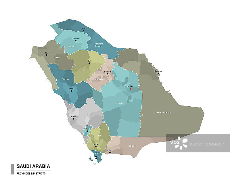 沙特阿拉伯带分区的详细地图图片素材