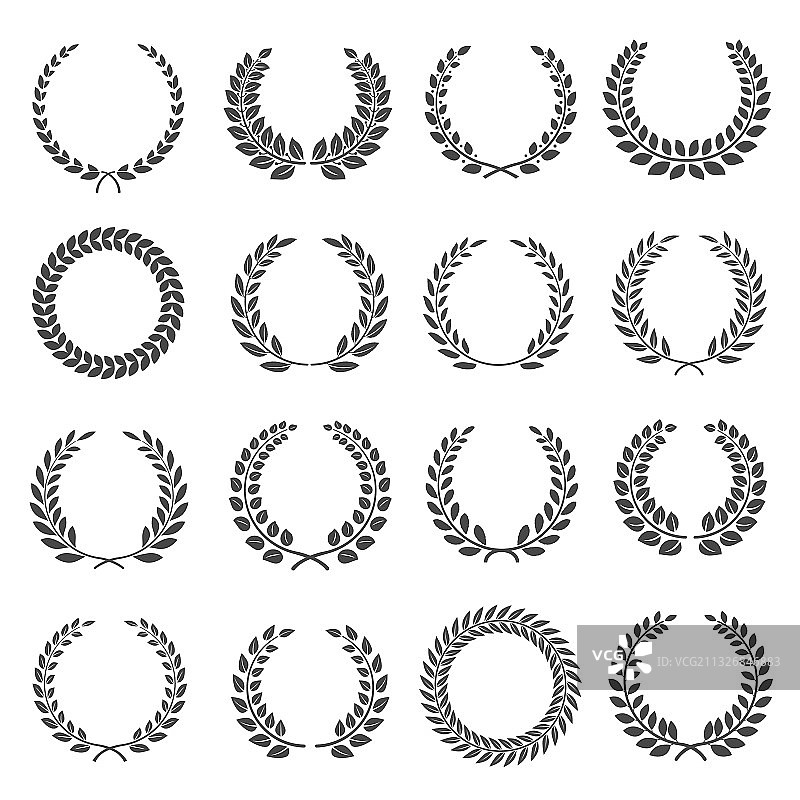 月桂花环圆形轮廓图标集图片素材