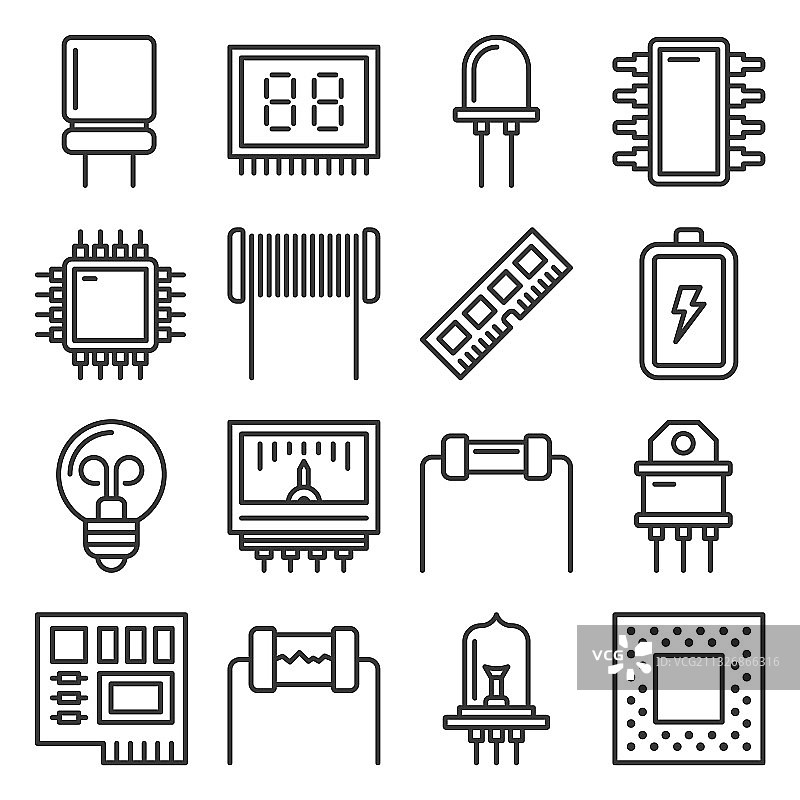 白色背景上的电子元件图标合集图片素材