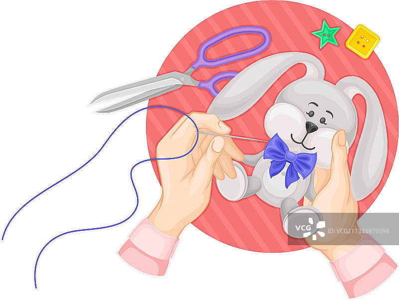 手臂缝制毛绒玩具兔子，手持针图片素材