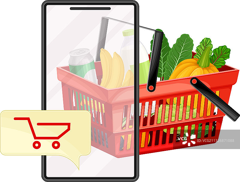 装满食物和智能手机屏幕的购物篮图片素材