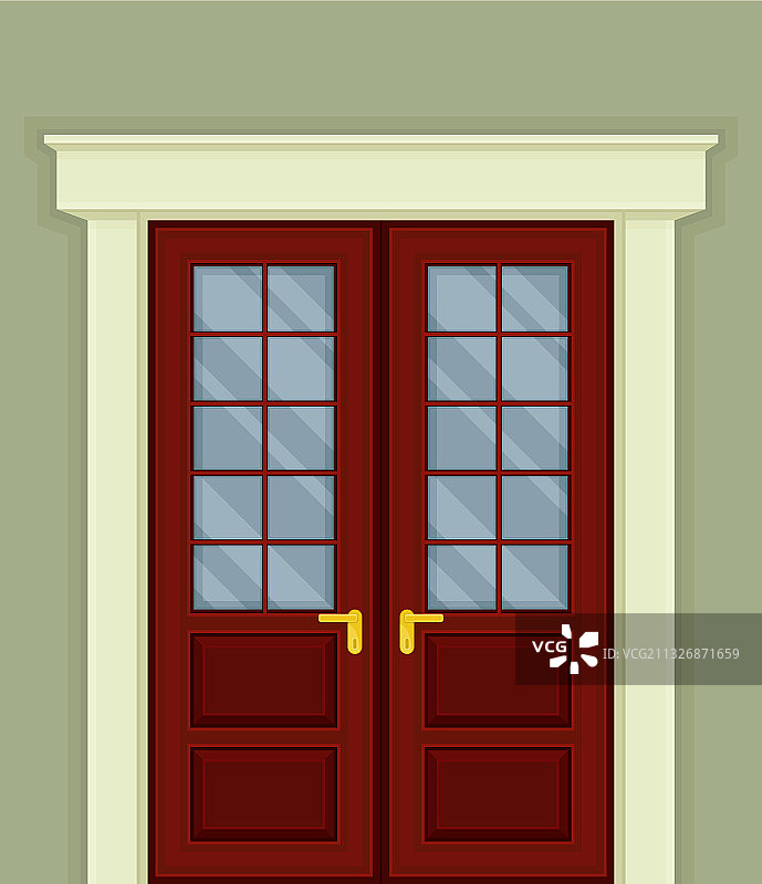 带玻璃窗和门把手的双开门图片素材