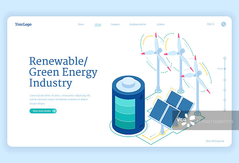 可再生绿色能源产业2.5D等距落地页图片素材