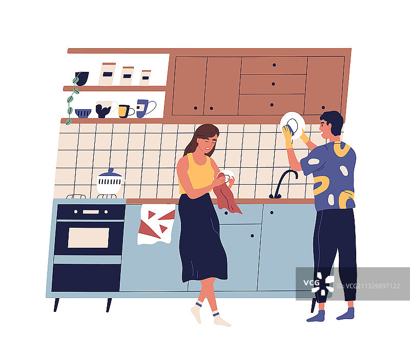 家人在厨房洗碗图片素材