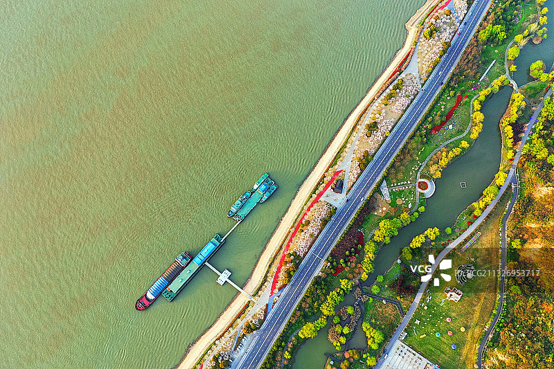 俯瞰南京幕燕滨江风光带江边的樱花丛图片素材