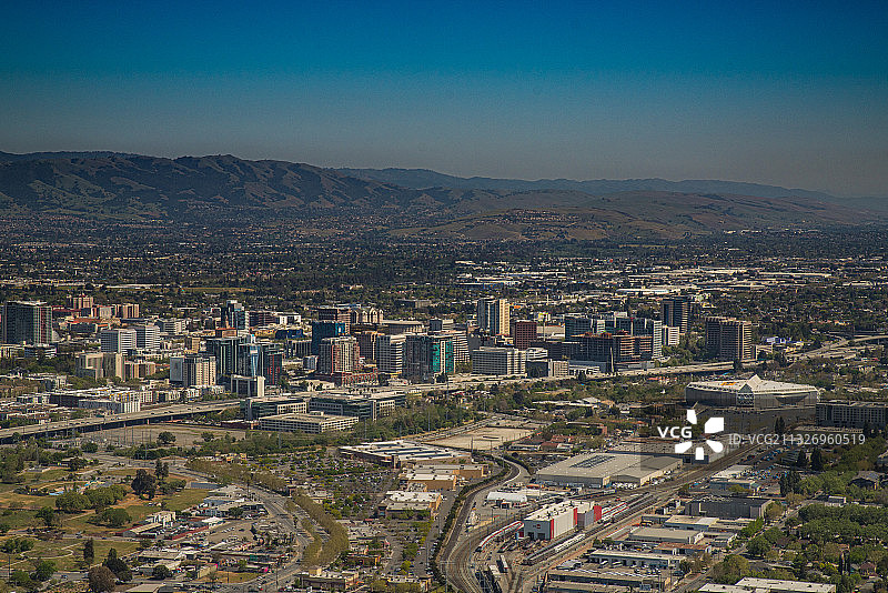 圣何塞市中心城市天际线航拍（含谷歌、eBay、Adobe）图片素材