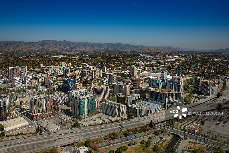 圣何塞市中心城市天际线航拍（含谷歌、eBay、Adobe）图片素材