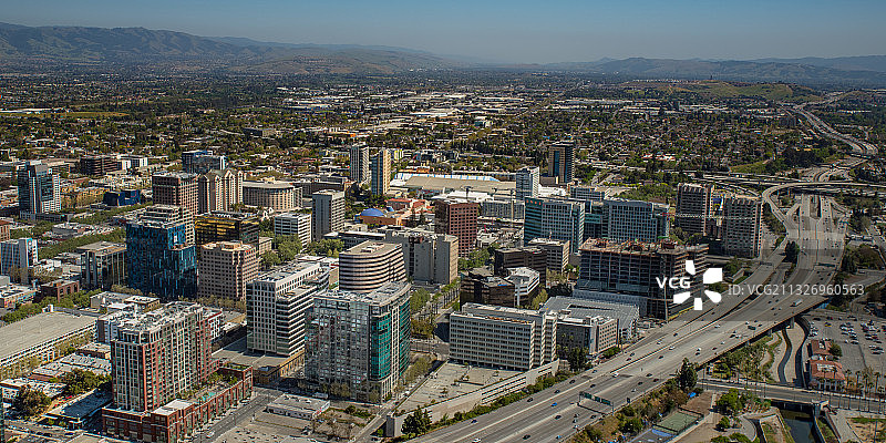 圣何塞市中心城市天际线航拍（含谷歌、eBay、Adobe）图片素材