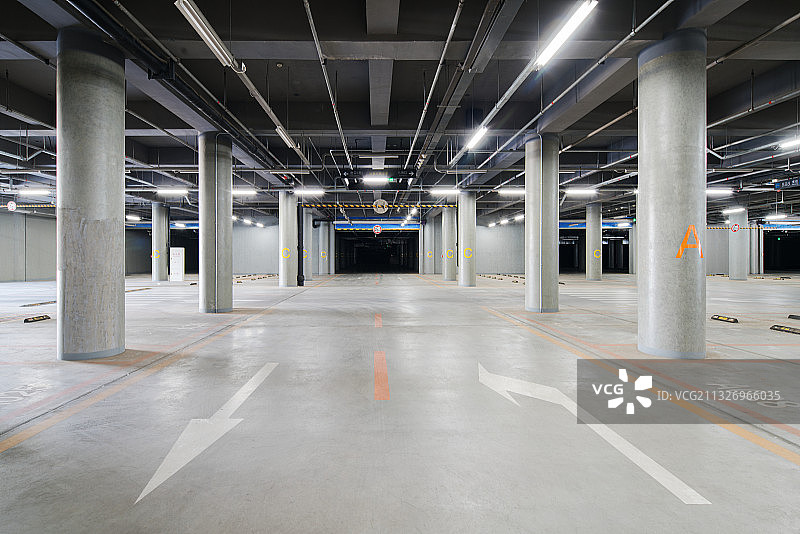 宽阔的无人的干净的平坦的空的地下停车场图片素材