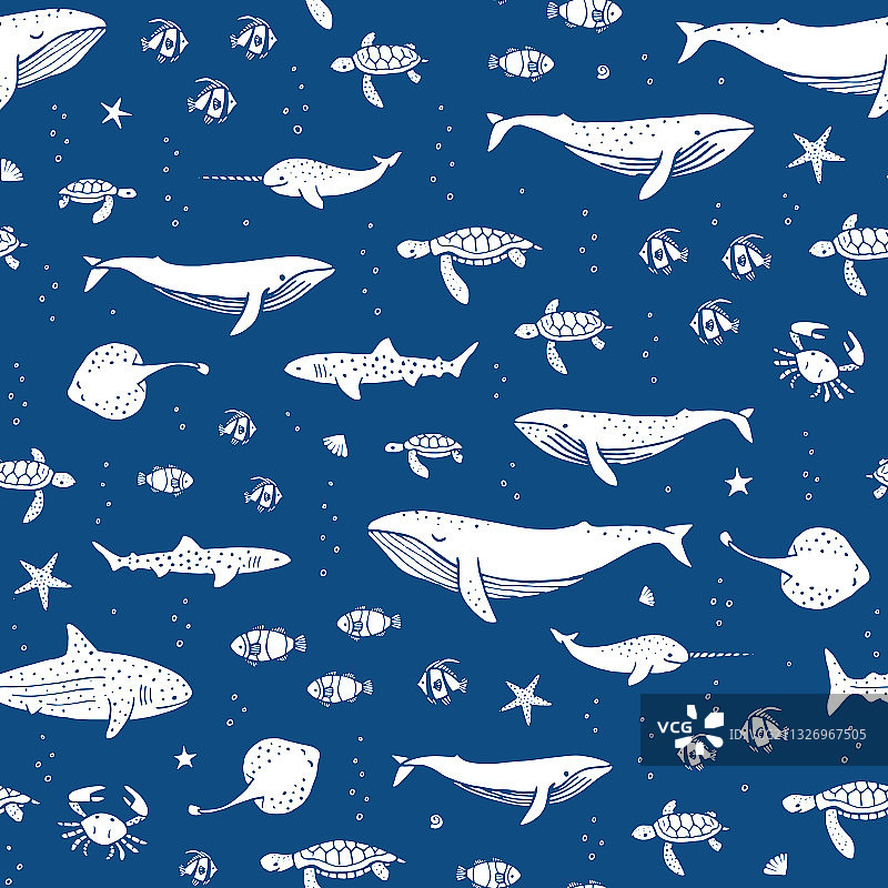 蓝色背景上手绘海洋动物图片素材
