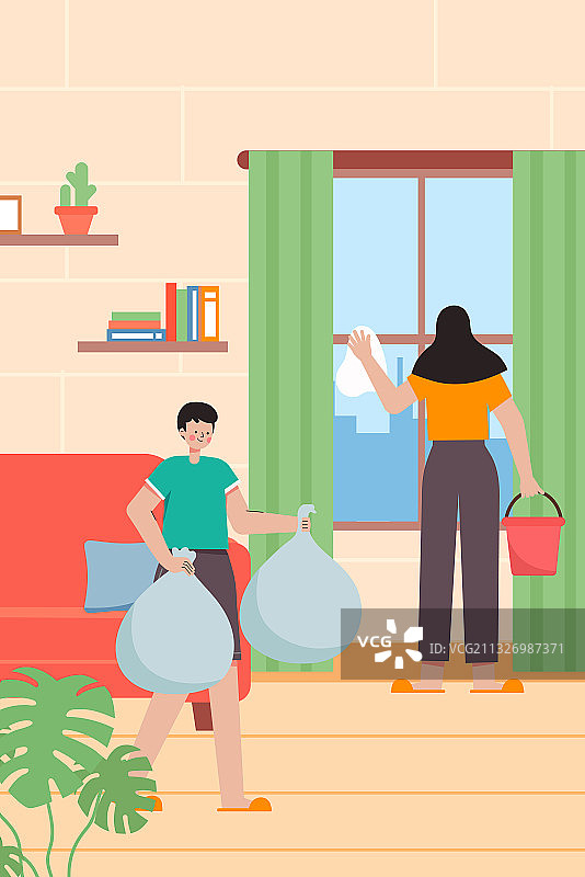 正在家庭清洁的年轻人矢量插画图片素材