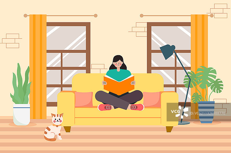 坐在沙发上看书的女孩矢量插画图片素材