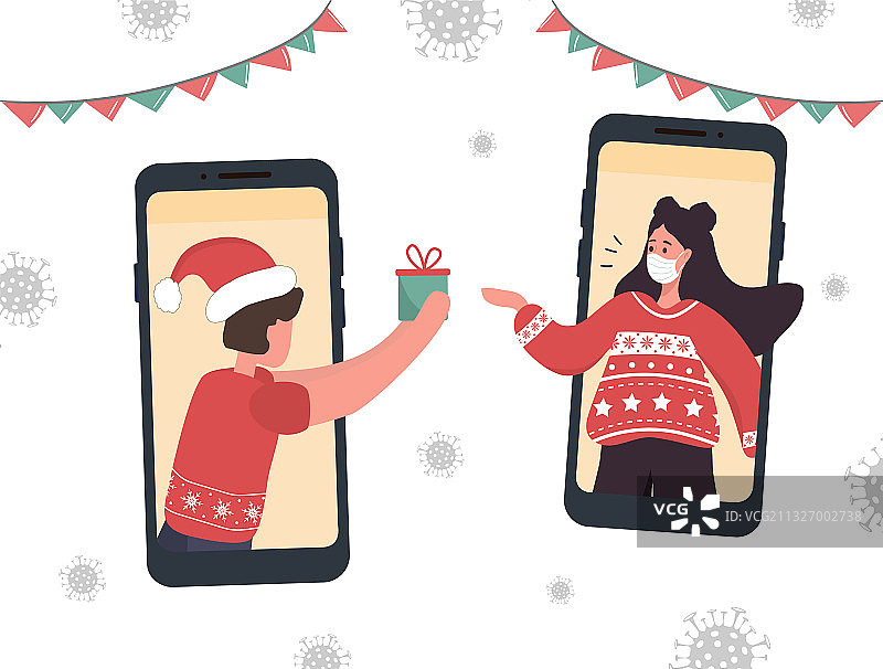 戴口罩的情侣圣诞视频通话分享图片素材