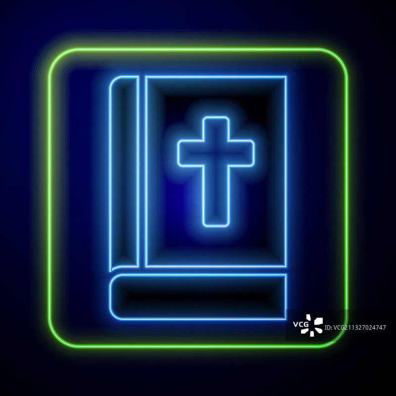 蓝色背景上发光的霓虹圣经图标图片素材