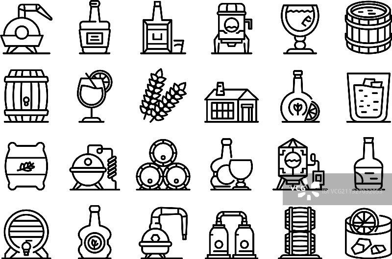 轮廓风格的波本酒图标集图片素材