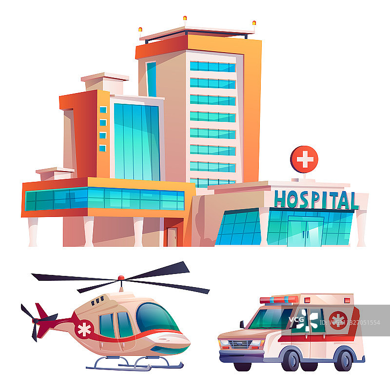医院建筑直升机和救护车组合图片素材