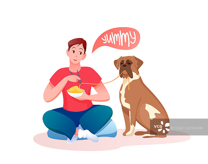 男人给圣伯纳犬喂食图片素材