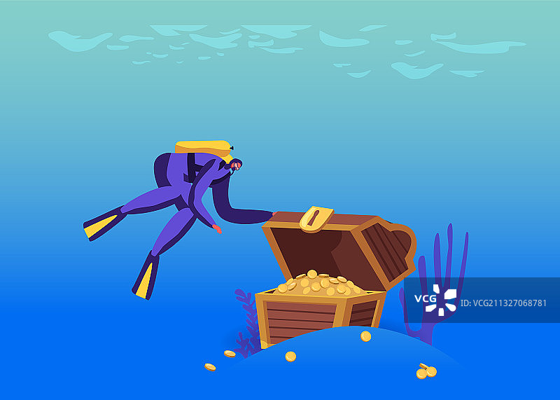水肺潜水员发现打开的宝箱图片素材