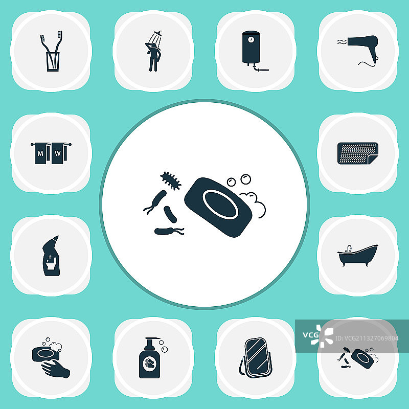 带镜子、吹风机和马桶的马桶图标集图片素材