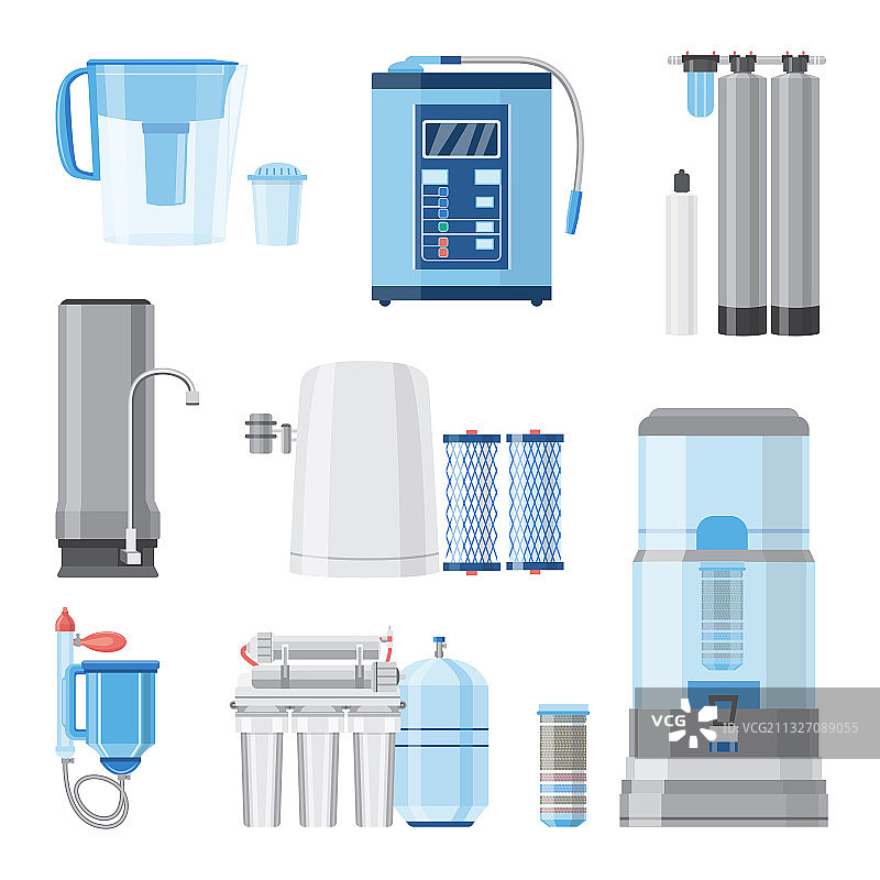 家用和工业用扁平风格水过滤器图标合集图片素材
