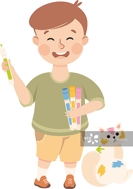 淘气孩子用毡笔给猫宠物涂色图片素材