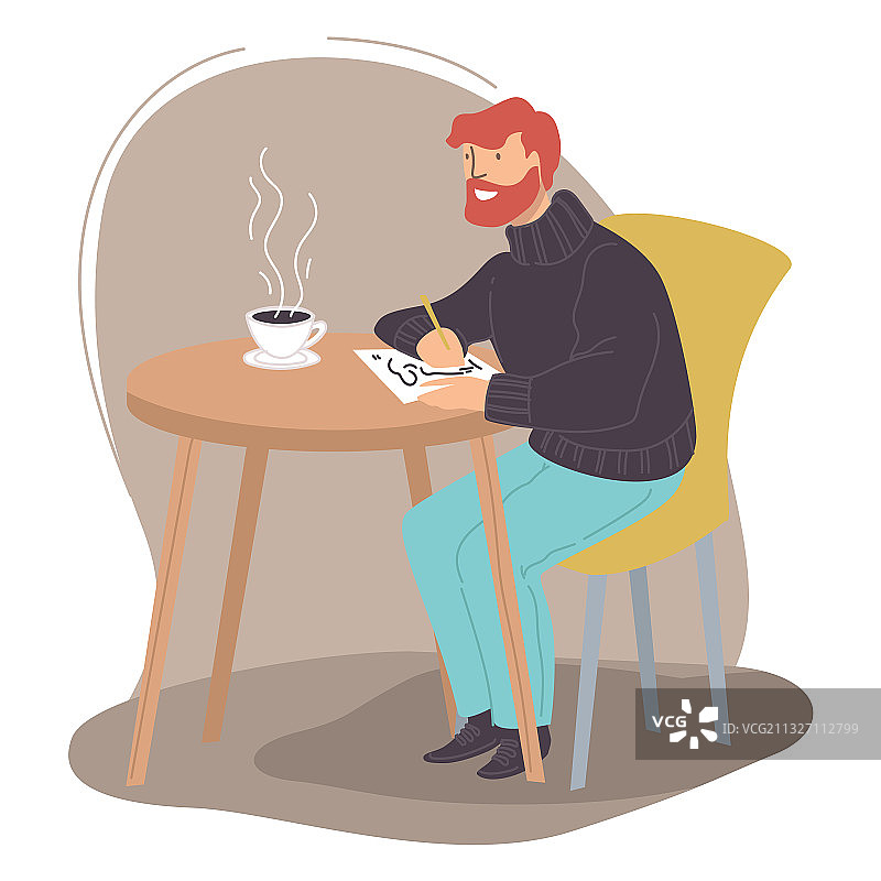 男人坐在咖啡馆里在笔记本上绘画图片素材