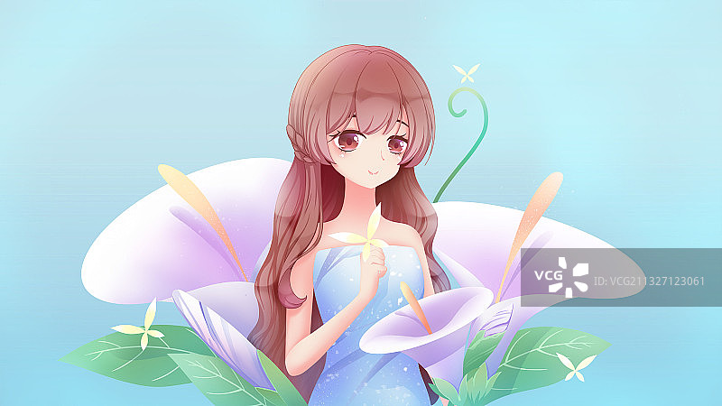 站在巨大百合花丛中的美少女，少女与花主题插画图片素材