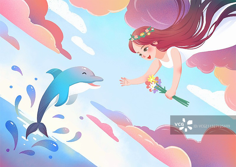 蓝色天空彩云海豚女孩海洋环保扁平插画图片素材