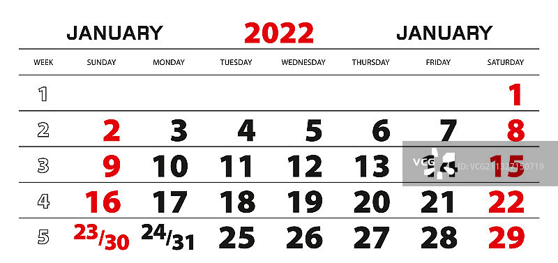 2022年1月起始周墙壁日历图片素材