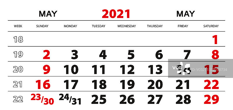 2021年5月挂历模板（周日为每周第一天）图片素材