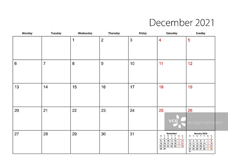 2021年12月简约日历计划表（周开始）图片素材