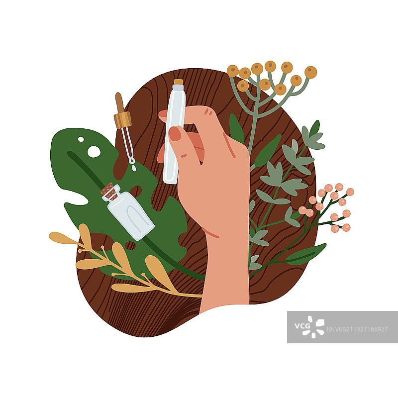 女人手持有机化妆品玻璃瓶图片素材